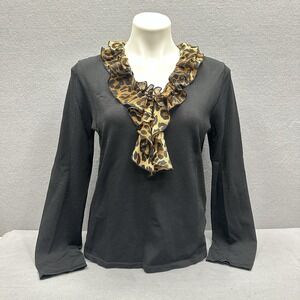 EUC Jones New York Sweater Women's Size L Black Long Sleeve Leopard Neck Ruffle